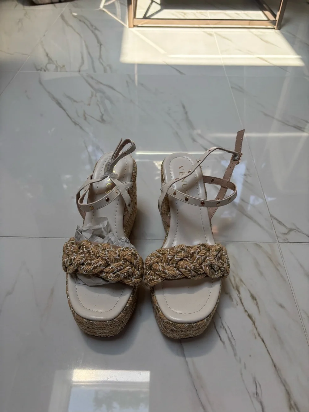 VENUS Cream Braided Espadrille Wedge Sandals